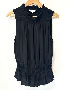 FRAME Smocked High-Neck Ruffle Sleeveless Peplum Top Capsule Quiet Luxury Size L